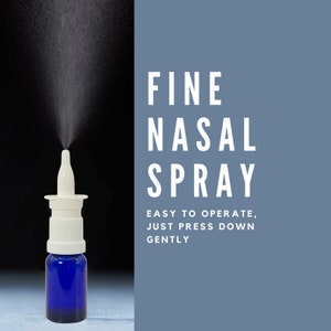 May include: A blue glass nasal spray bottle with a white applicator, spraying a fine mist. The text "FINE NASAL SPRAY" is displayed in white, along with instructions: "EASY TO OPERATE, JUST PRESS DOWN GENTLY."