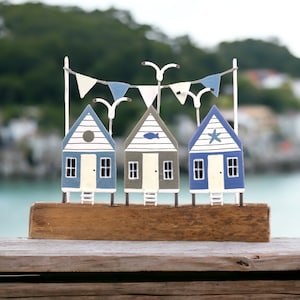 Beautiful Beach Huts on Driftwood / Seaside Decor / Beach Hut Style Home Accessory / Coastal Ornament / Seaside Holiday Decor / Gift Idea