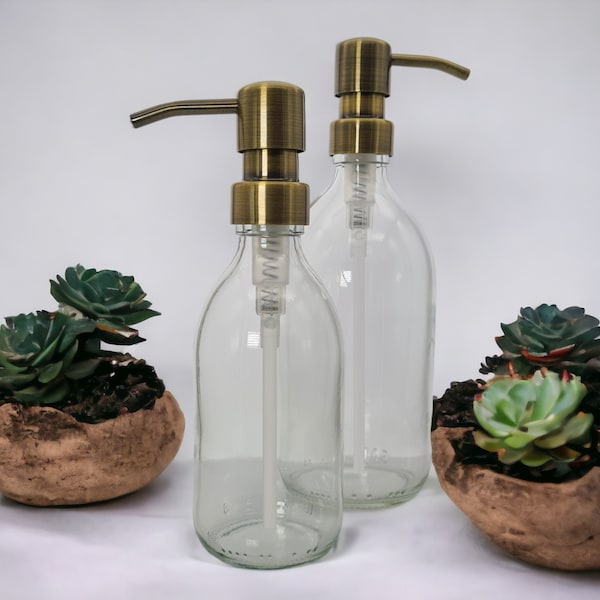 Refillable Clear Glass Soap Dispenser Bottles - Brass Style Steel Metal Pump - 250ml/500ml - Pump Dispenser Shampoo, Body Wash, Conditioner