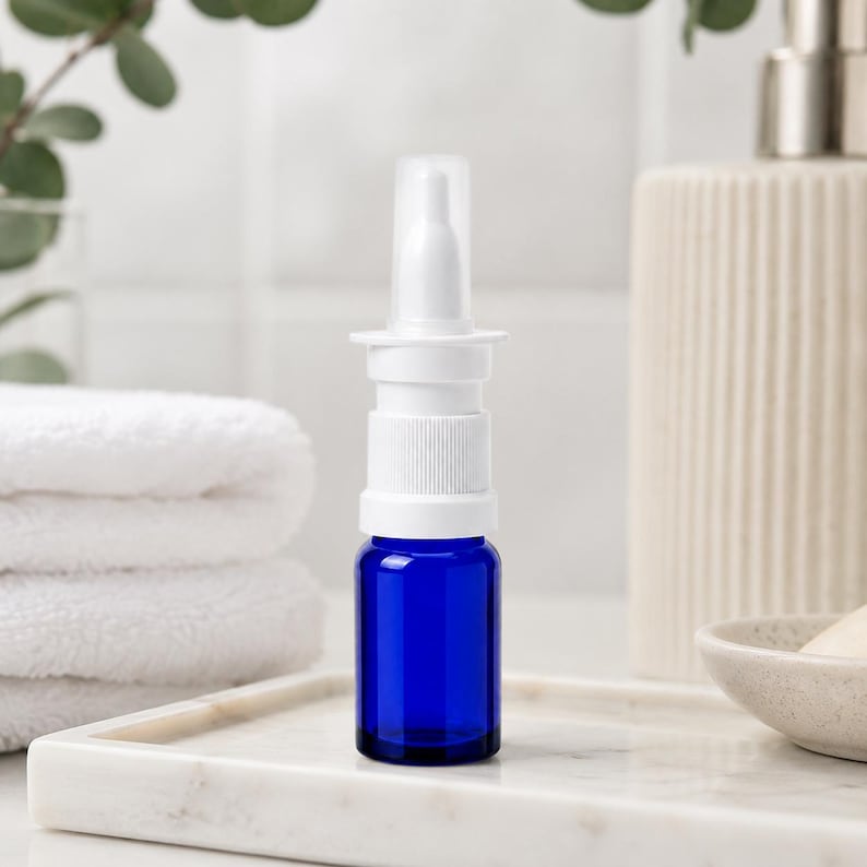 May include: A cobalt blue glass nasal spray bottle with a white applicator. The bottle is on a marble tray, with a stack of white towels and a decorative dispenser in the background. The bottle is empty.