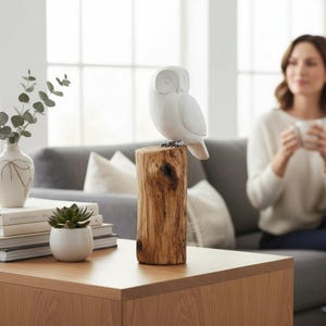 Bielona drewniana sowa na kłodzie | Pomaluj własną sowę DIY | Rustykalna figurka o wysokości 10,2 cala | Prezent dla artysty i miłośnika dzikiej przyrody