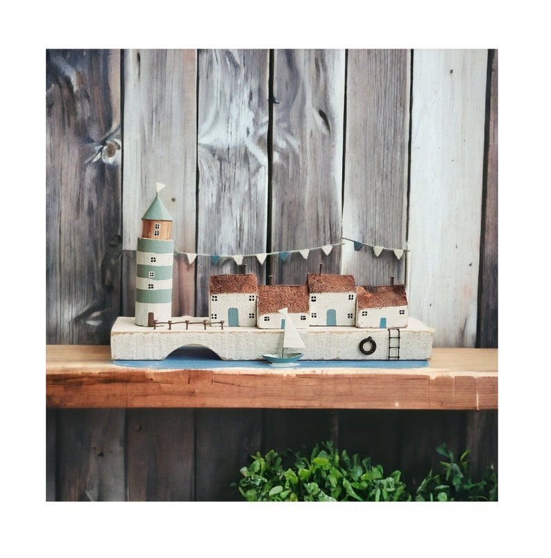 Quayside with Lighthouse / Handmade Small Pretty Seaside Decoration / Nautical Miniature Wooden Harbourside Ornament by Shoeless Joe immagine 4