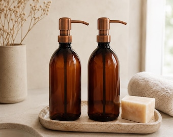 Refillable Brown 500ml Plastic Bottles Soap Dispenser - Lightweight, Copper Style Pump, On Trend Bathroom or Kitchen Accessory, Sold Empty