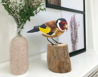 Goldfinch Carved Wooden Bird Ornament, Hand Carved Goldfinch Bird Figure 13cm Bird Watcher Gift Woodland Garden Birds