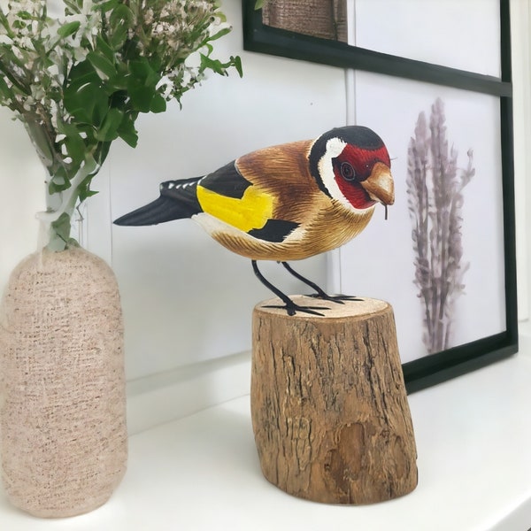 Goldfinch Carved Wooden Bird Ornament, Hand Carved Goldfinch Bird Figure 13cm Bird Watcher Gift Woodland Garden Birds