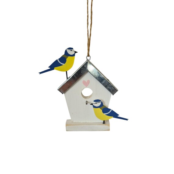 鳥小屋のルリビタキ | 手作りの吊り下げ式ブリキと木製のルリビタキ鳥