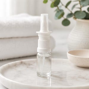 May include: A clear glass nasal spray bottle with a white plastic pump and cap. The bottle sits on a marble tray, with white towels in the background. The spray bottle is filled with a clear liquid.
