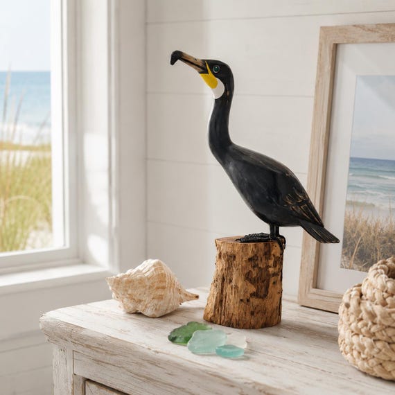 Hand Carved Wooden Black Cormorant Bird on a Log - 13" Artisan Wildlife Sculpture