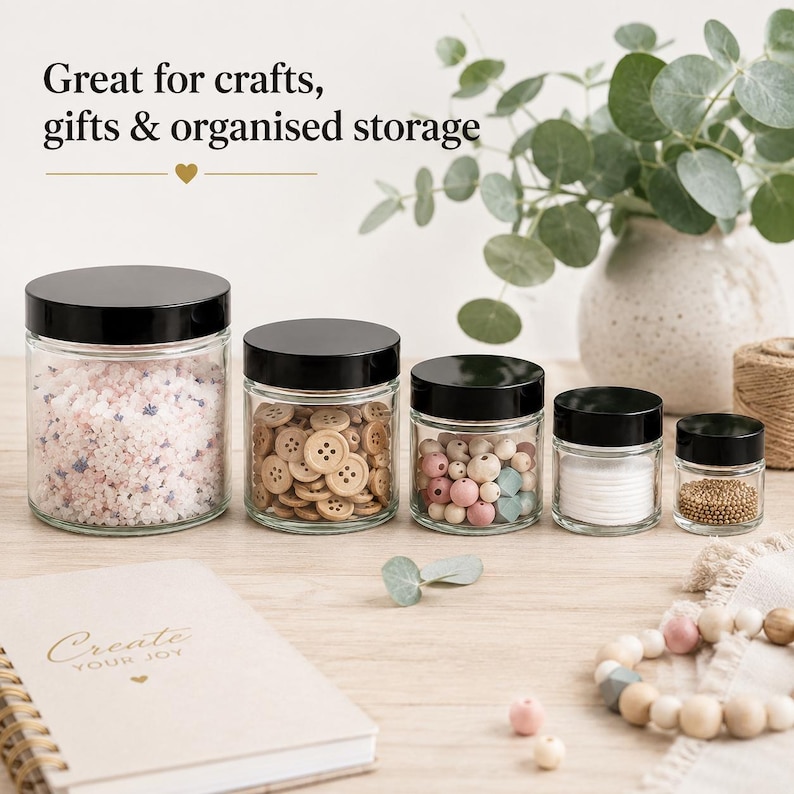 Five sizes of clear glass cosmetic jars with black screw lids, available in 15ml, 30ml, 60ml, 120ml and 250ml capacities.