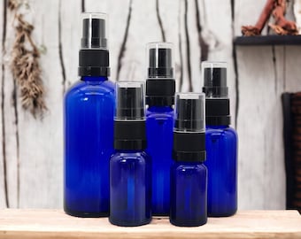 Elegant Blue Glass Spray Bottles 15ml – 100ml: Beauty, Skincare, Aromatherapy, Perfumes. Refill, Preserve, Protect and Travel in Style!