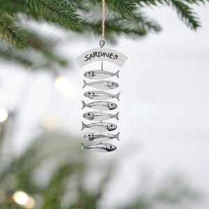 Quirky Handcrafted Xmas Decoration / Sardines on Skewer / Fish on Stick / Hanging Ornament / by Shoeless Joe