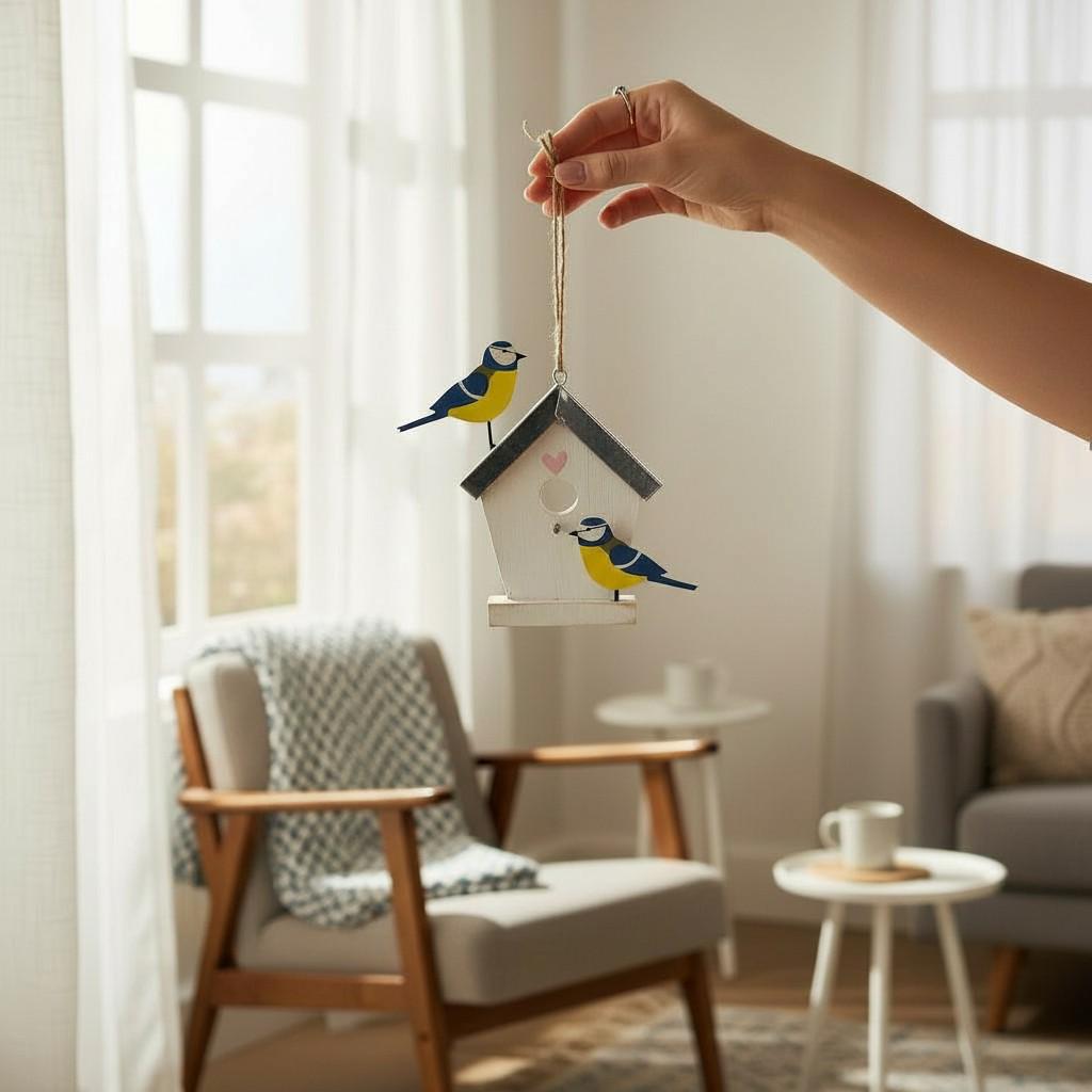 鳥小屋のルリビタキ | 手作りの吊り下げ式ブリキと木製のルリビタキ鳥
