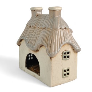 Ceramic Cream Thatched Country Cottage Candle Holder Ceramic House Tealight Holder Pottery Fairytale Cottage Candle Holder image 4