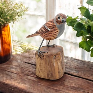 Hand-Carved Wooden Hedge Sparrow on a Log - Lifelike Bird Sculpture on Rustic Base, Home Decor Accent, Gift for Bird Lovers