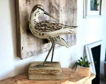 Hand Made Wooden GODWIT Carving / Bird Ornament / Wading Bird / Hand Crafted Godwit Preening Figurine / Coastal Bird / Gift for Him or Her