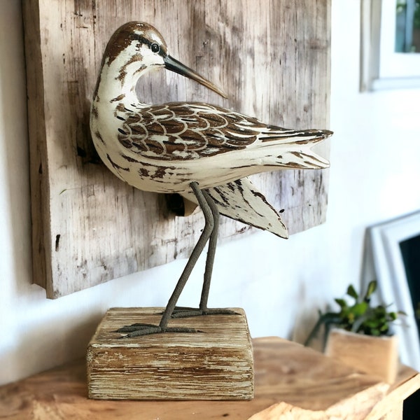 Hand Made Wooden GODWIT Carving / Bird Ornament / Wading Bird / Hand Crafted Godwit Preening Figurine / Coastal Bird / Gift for Him or Her