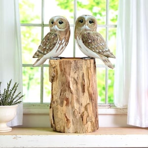 TWO LITTLE OWLS on Tree Stump | Fairtrade Hand Carved Sculpture Figurines 25cm High | Pair of Little Owls | Stylish Owl Home Decor | Gift