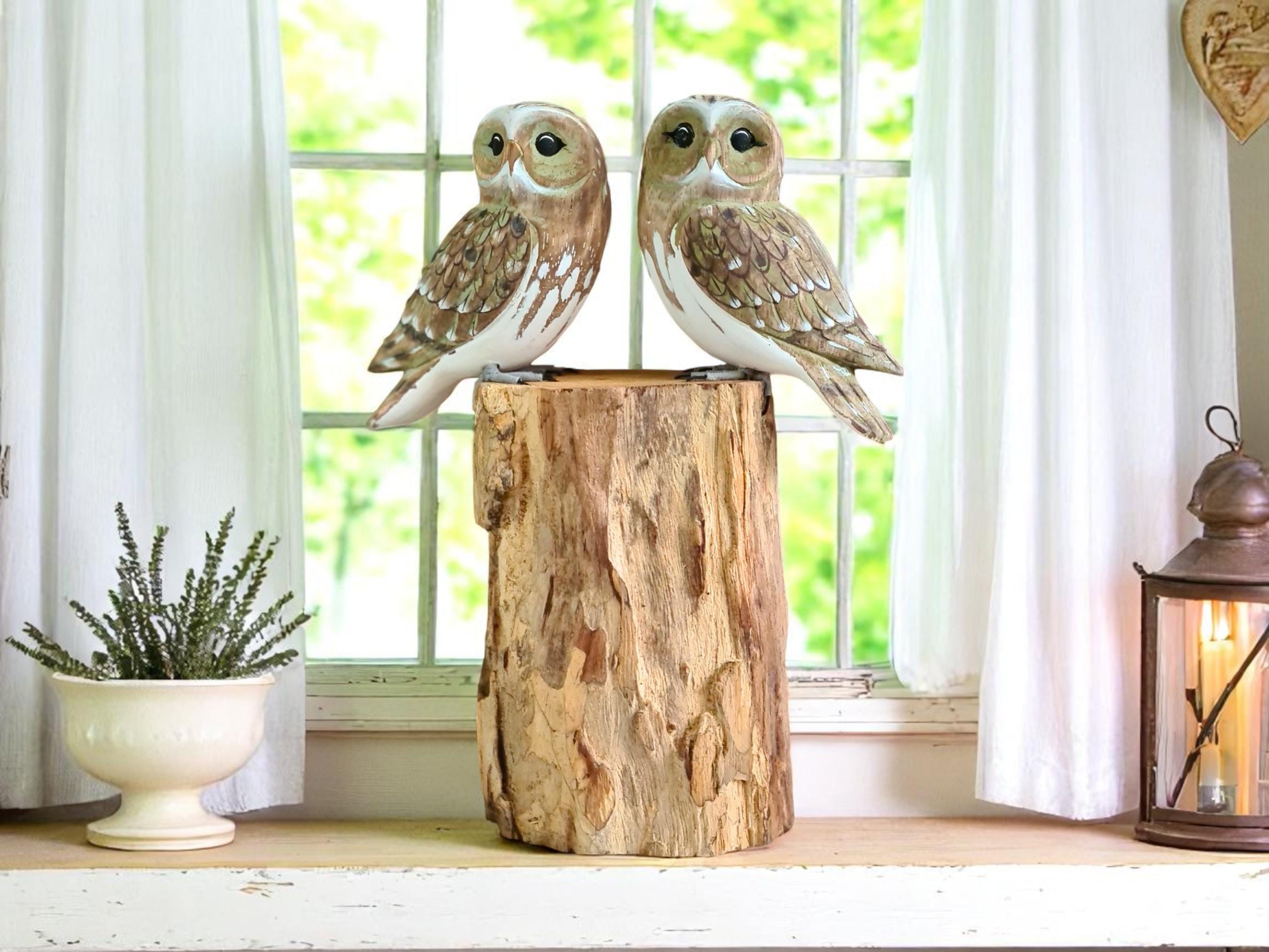 TWO LITTLE OWLS on Tree Stump | Fairtrade Hand Carved Sculpture Figurines 25cm High | Pair of Little