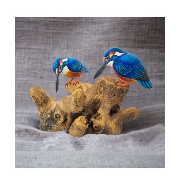 Carved Wooden Pair of Kingfishers on a Tree Stump / Hand Painted Fair Trade Ornament Kingfisher Bird Carving / Gift for a Bird Lover