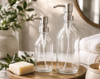 Refillable Clear Glass Soap Dispenser Bottles, 250ml/500ml, Brushed Silver Steel Metal Pump, Bathroom/Kitchen Pump Bottle Accessory