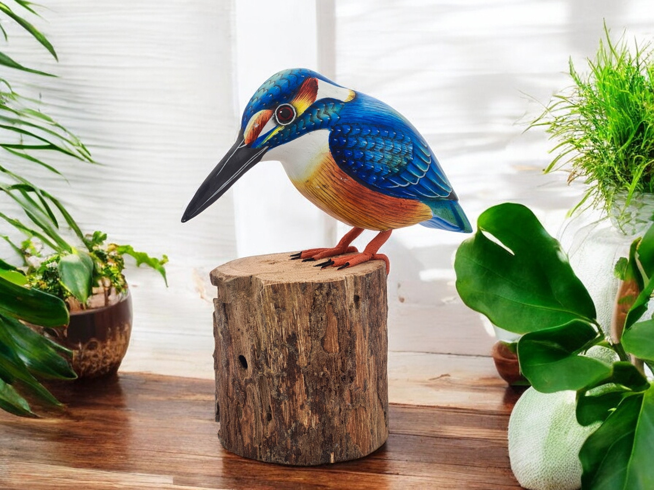 フェアトレード手彫りカワセミ木製鳥飾り / 16 cm 英国産鳥置物ギフト