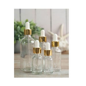 Refillable Clear Glass Bottles with Gold/White Pipettes - Empty Round Eco Friendly Bottles for Face Serums, Aromatherapy & DIY Skincare