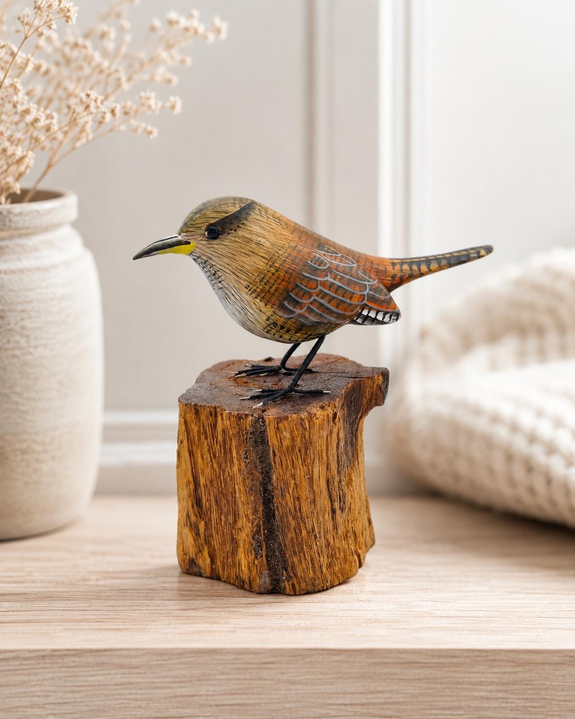 Handcrafted Wooden Wren Bird on Log - Rustic Nature Decor, 13cm X