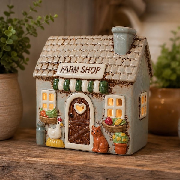 Teelichthalter im Landhausstil von Village Pottery, Kerzenlaterne in Hausform aus Keramik, rustikale Landhausdeko, Cottagecore-Geschenk