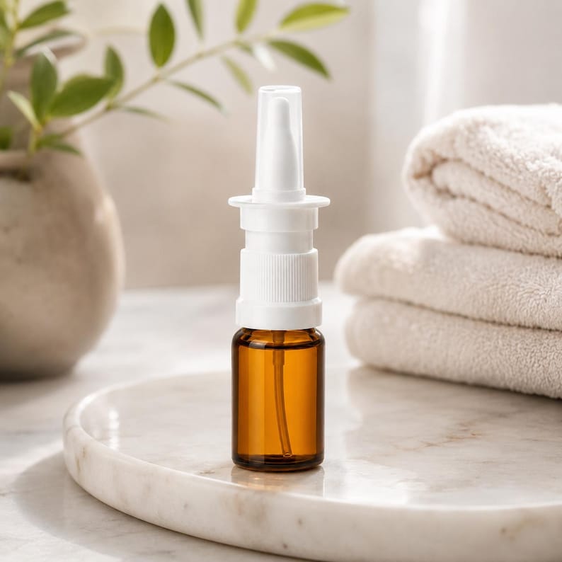 May include: A brown glass nasal spray bottle with a white applicator. The bottle is filled with a clear liquid. The bottle is sitting on a marble tray. A stack of folded white towels is in the background.