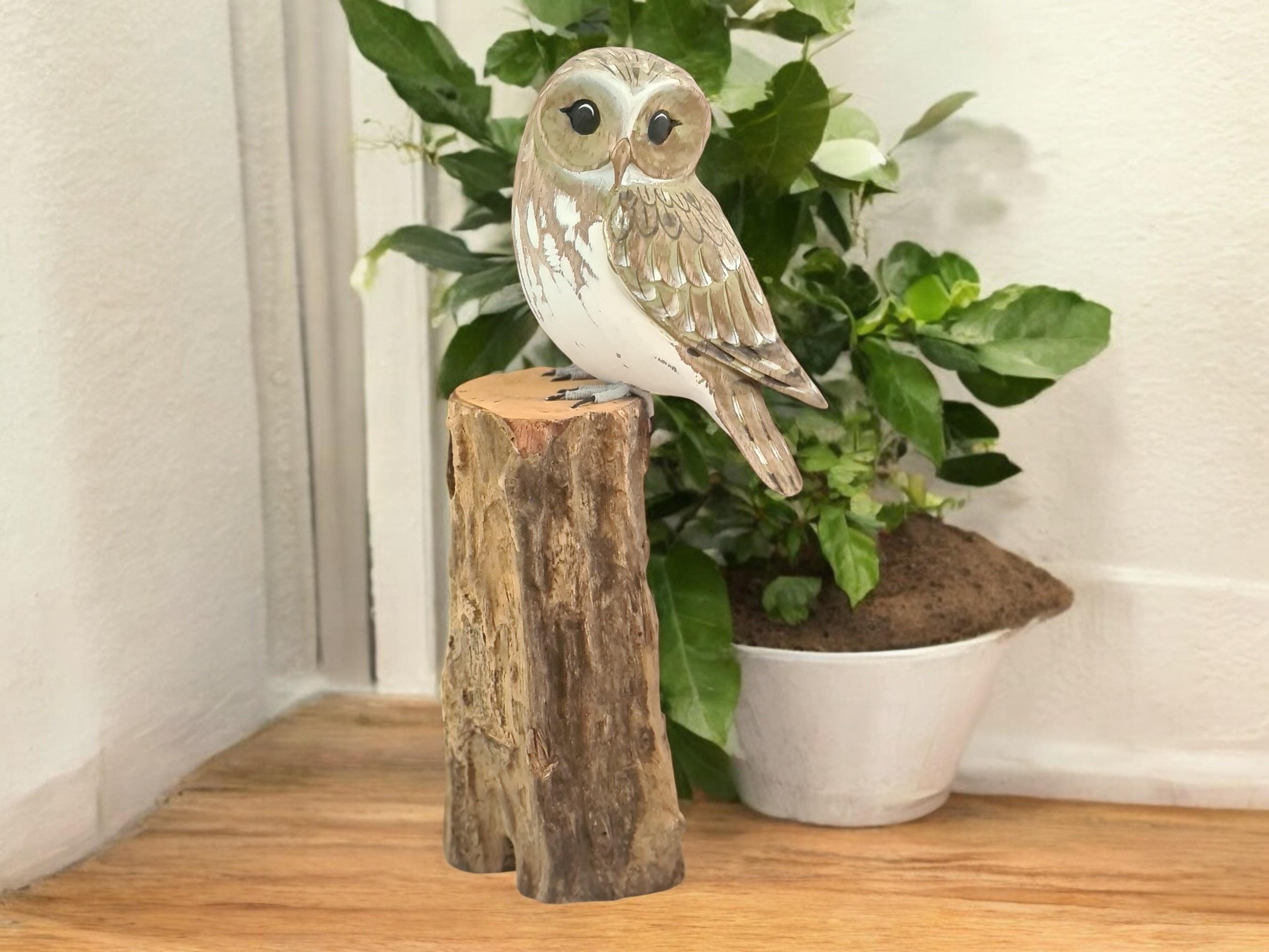 Wooden Carved and Painted OWL on Tree Stump / Fairtrade Ornament Figurine 25cm High / Wood Carving W
