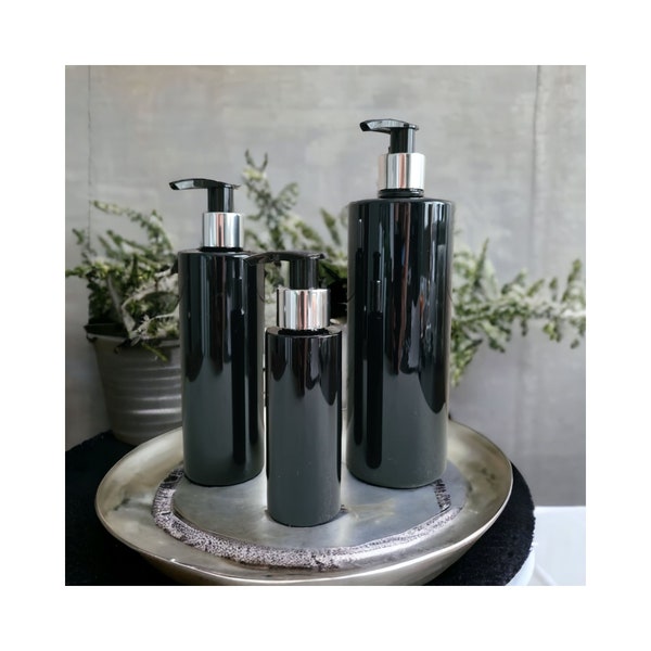 Mrs Hinch Inspired Black PET Bottles with Silver Collar Lotion Pump - Refillable, Bathroom Dispenser Bottles, Wholesale Bottle Supplies