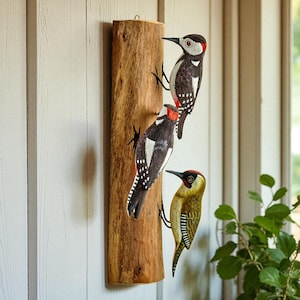 Trio of Woodpeckers on Half Log - Wall Hanging - Fairtrade Hand Carved Woodpeckers - Wooden Ornament 30 cm (12&quot;) High - Bird Watcher Gift