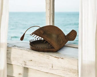 Rust Metal Angler Fish Ornament, Nautical Coastal Decor, Quirky Sea Creature Sculpture, Rustic Ocean Decor, Unique Gift for Him
