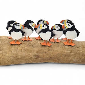 Puffin Wooden Ornament, Hand Crafted Circus of 8 Miniature Tin Puffins on Driftwood Ornament Seabird Maritime Nautical Fair Trade Figurines