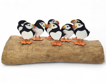 Puffin Wooden Ornament, Hand Crafted Circus of 8 Miniature Tin Puffins on Driftwood Ornament Seabird Maritime Nautical Fair Trade Figurines