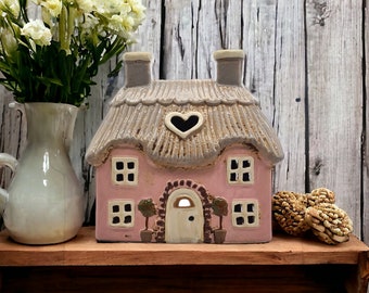 Ceramic Pink Thatched Country Cottage Candle Holder - Ceramic House Tealight Holder - Pottery Fairytale Cottage Candle Holder