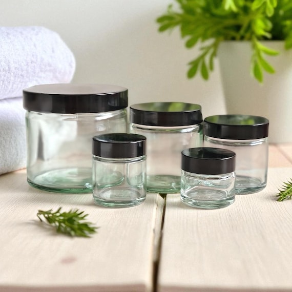 Clear Glass Cosmetic Jars with Black Urea Lids, 15ml 30ml 60ml 120ml 250ml, Cream Balm Storage Pots, Reusable Empty Jars