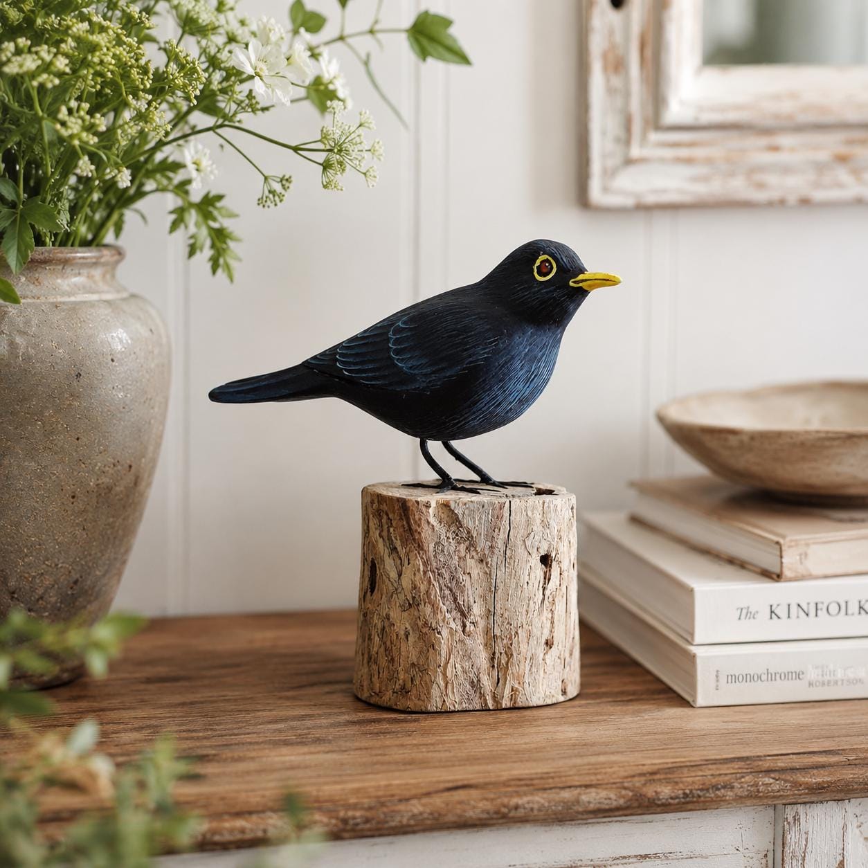 Hand-carved Wooden Blackbird Figurine - Realistic Bird Sculpture
