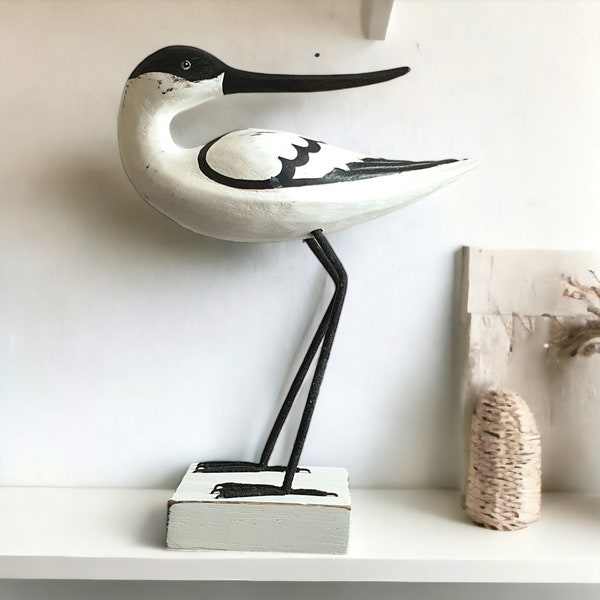 Hand Carved AVOCET PREENING Ornament 31cm High / Fairtrade / Avocet Coastal Bird Figurine / Beach House Accent / Coastal Style Decor