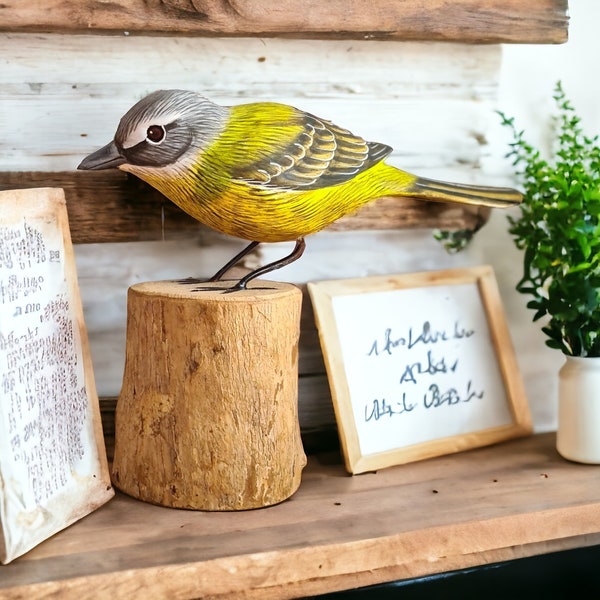 Hand Carved Wooden YELLOW WAGTAIL / Fair Trade / Birthday Gift / Gift for Him / Handmade Bird Ornament Figure / Cottage Core Gift
