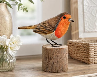 Robin Wooden Ornament, Hand Carved Figure | Bird Watcher Gift | Garden Bird Figurine | Cheeky Robin Red-Breast on Log