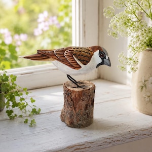 Hand-Carved Wooden House Sparrow on a Log - Lifelike Bird Sculpture on Rustic Base, Home Decor Accent, Gift for Bird Lovers