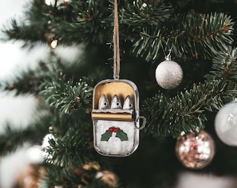Tin of Sardines Hanging Christmas Decoration / Three Small Fish in a Tin / Quirky Gift / Xmas Holiday Tree Decor by Shoeless Joe