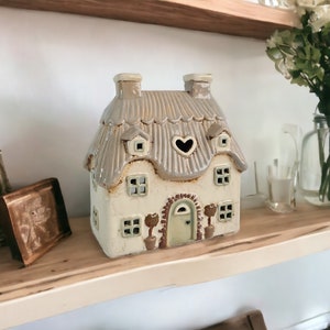 Ceramic Cream Thatched Country Cottage Candle Holder Ceramic House Tealight Holder Pottery Fairytale Cottage Candle Holder image 2