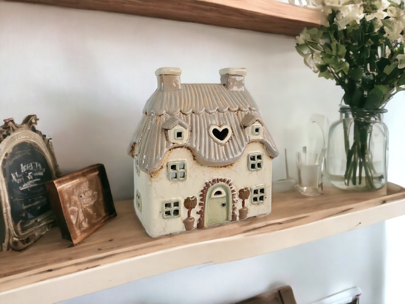 Ceramic Cream Thatched Country Cottage Candle Holder Ceramic House Tealight Holder Pottery Fairytale Cottage Candle Holder image 2