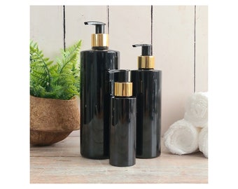 Wiederbefüllbare schwarze Plastikflaschen - leer - mit Gold/Schwarz Lotion Pumpe 50ml-500ml - Mrs Hinch Style Badezimmer Flüssigseife SpenderFlaschen