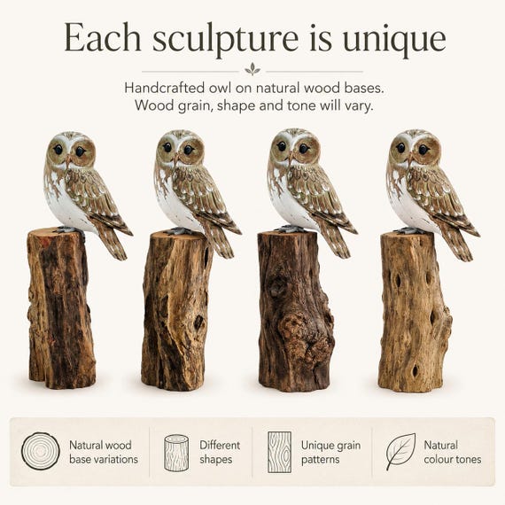 Wooden Carved and Painted OWL on Tree Stump / Fairtrade Ornament