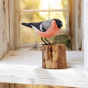 Carved Wood BULLFINCH / Wooden Bird Ornament / Hand Carved & Painted Fairtrade Figure 13cm / Bird Watcher Gift Woodland Forest Garden Bird