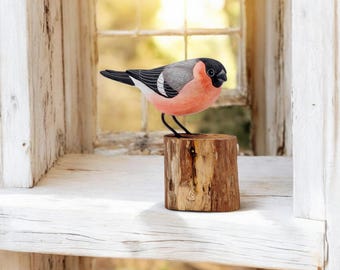 Carved Wood BULLFINCH / Wooden Bird Ornament / Hand Carved & Painted Fairtrade Figure 13cm / Bird Watcher Gift Woodland Forest Garden Bird