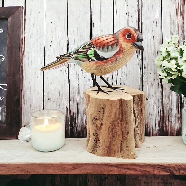 Chaffinch on Log / Wooden Bird Ornament /Hand Crafted Fairtrade Figurine 13cm / Realistic Garden Bird / Gift for a Bird Lover